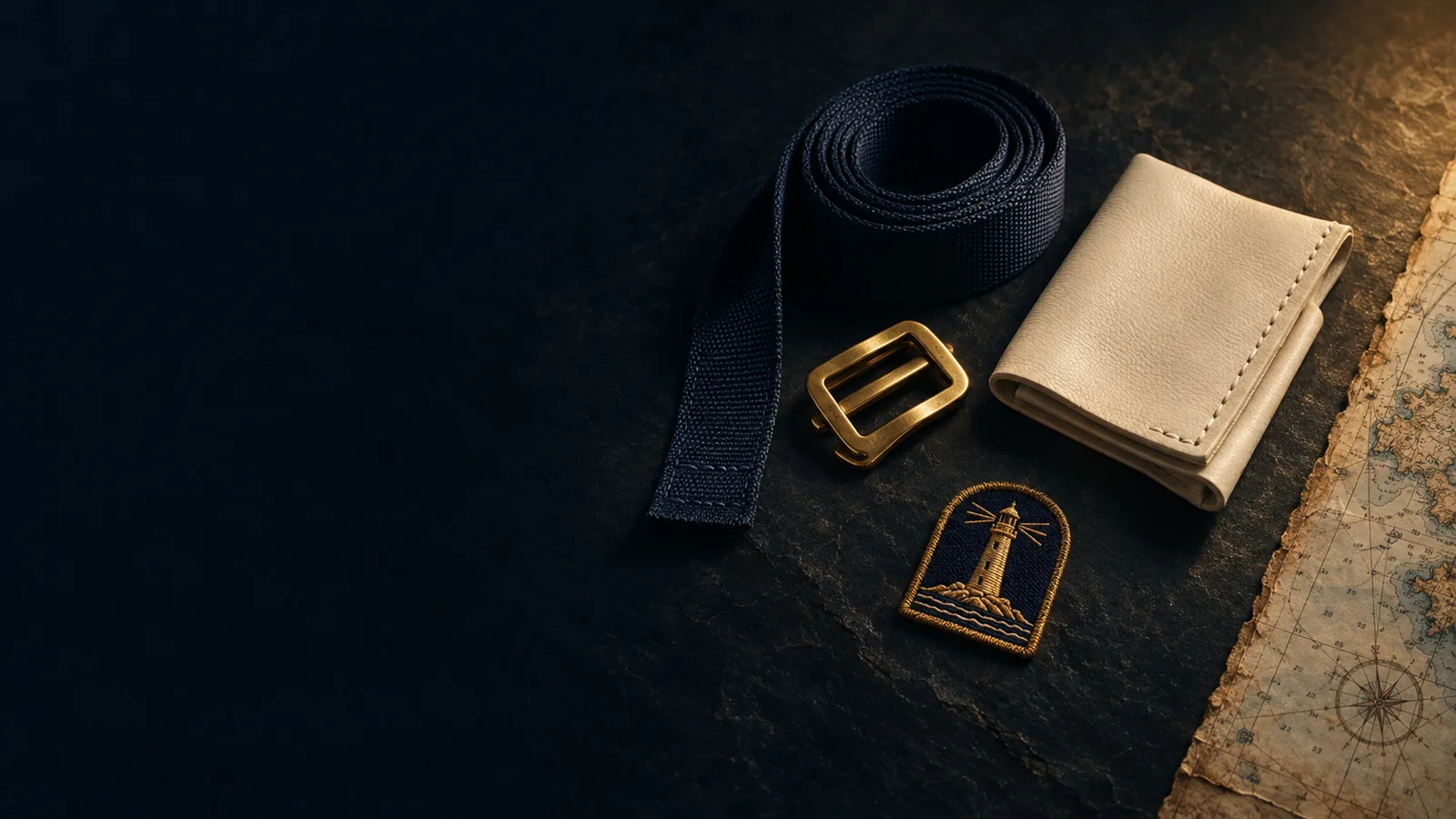 Still life of navy webbing, a brass buckle, ivory leather with hand stitching and a gold-embroidered lighthouse patch on dark slate beside a nautical chart