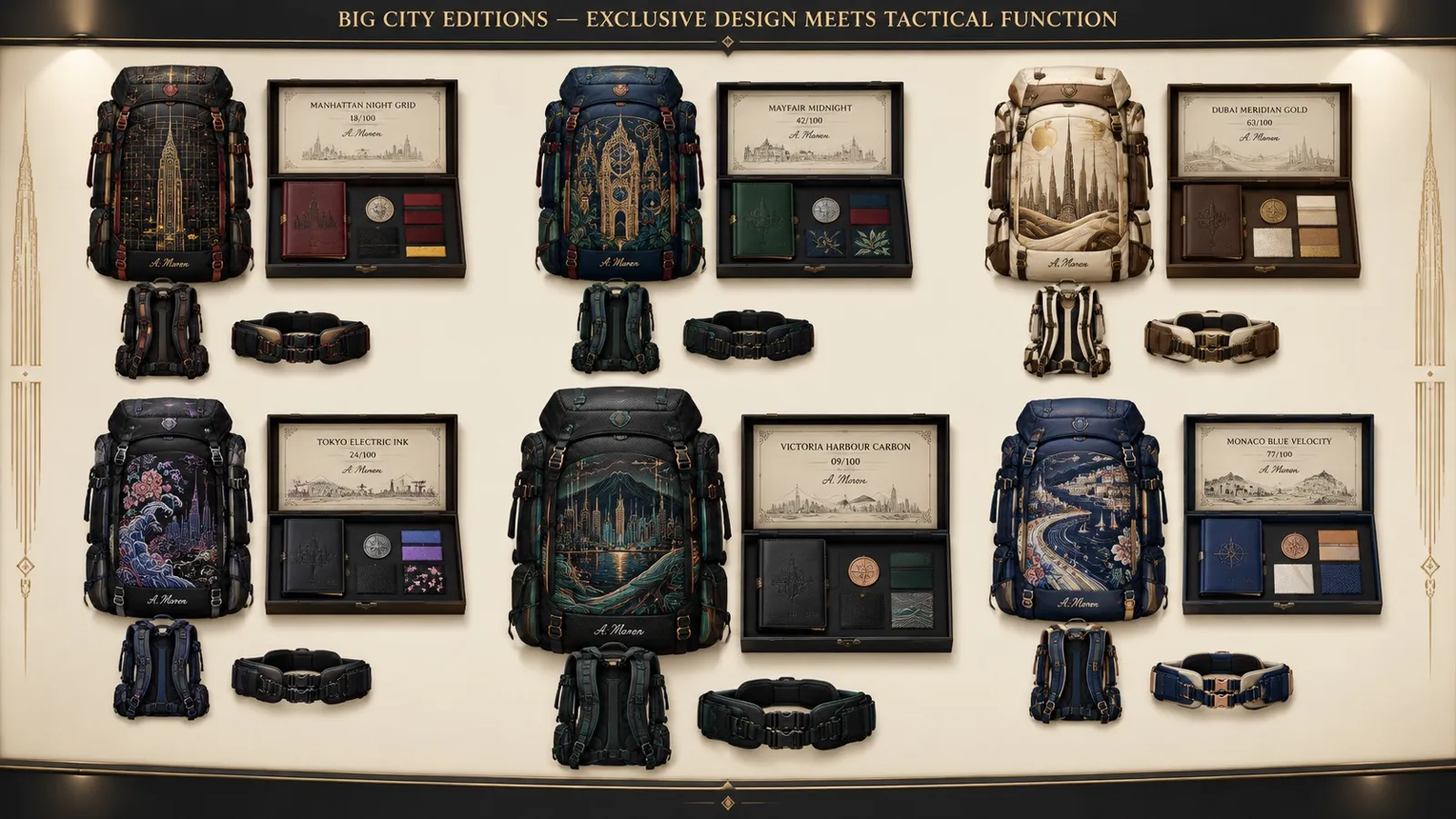Board of the Big City Editions with city-themed backpacks